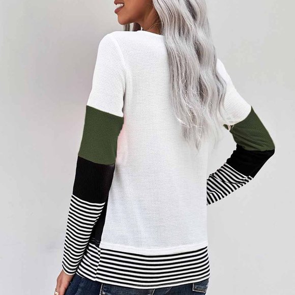 Green Stylish Colorblock Splicing Stripes Top - Picture 3 of 6